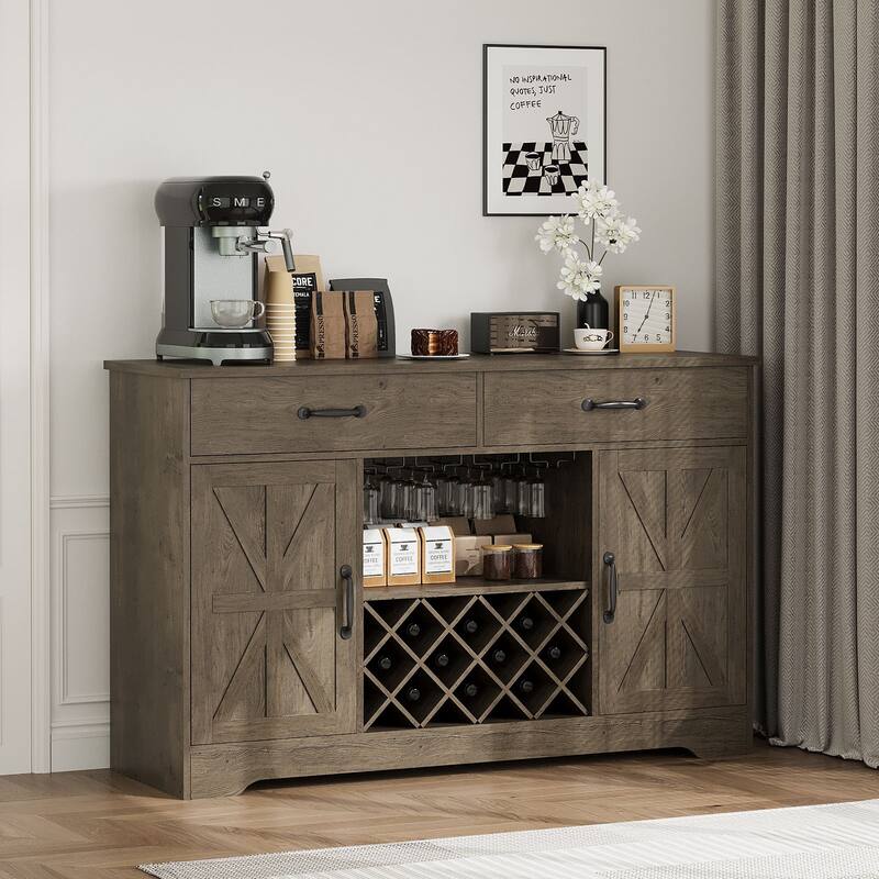 Meyreso 55" Oak Farmhouse Coffee Bar Cabinet with Hutch and Wine Storage