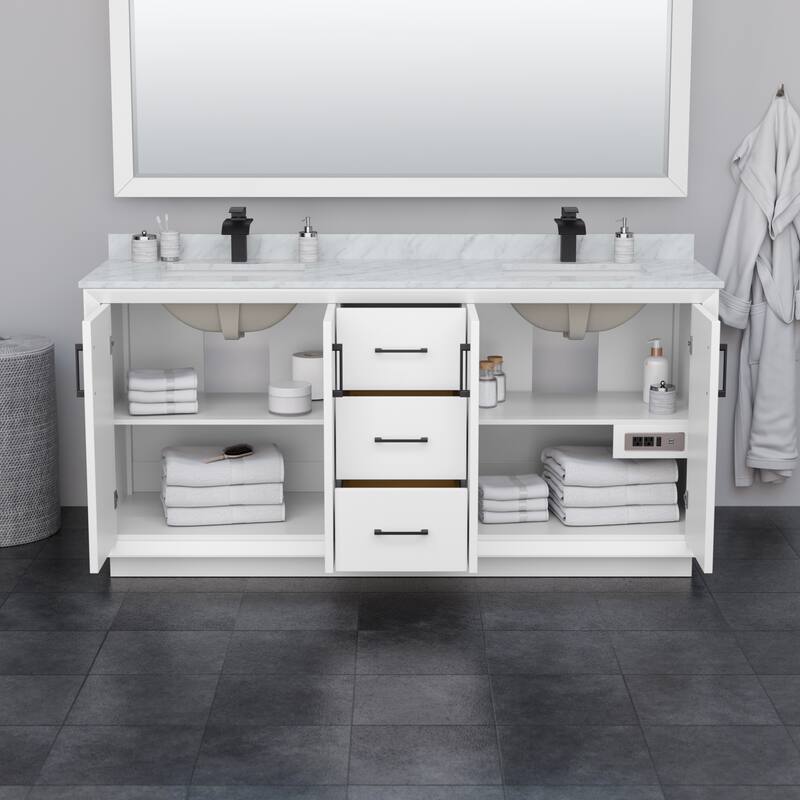 Strada 72-Inch Double Vanity Set, Carrara Marble Top, 70-Inch Mirror