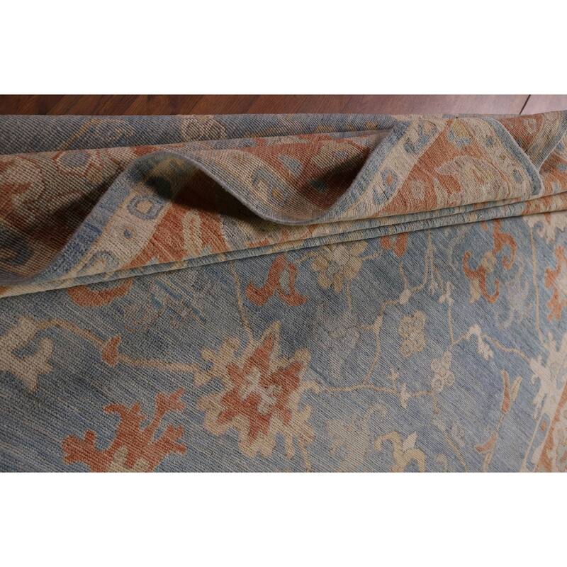 Floral Oushak Vegetable Dye Area Rug Handmade Blue Wool Carpet - 8'0" x 9'11"
