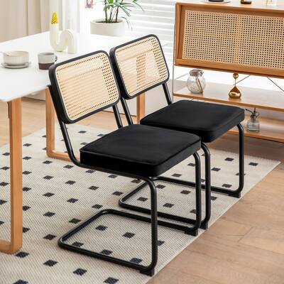 Black Velvet Dining Chair Set of 2 Cane Back Accent Chair Lounge Chair