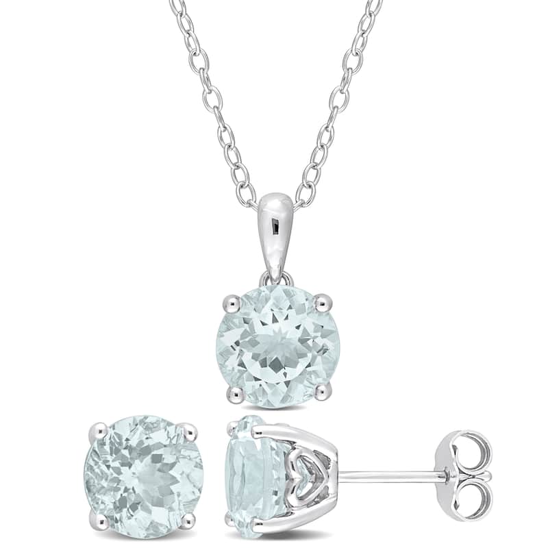 Miadora Gemstone Birthstone Earrings and Necklace Set Sterling Silver - Aquamarine | March