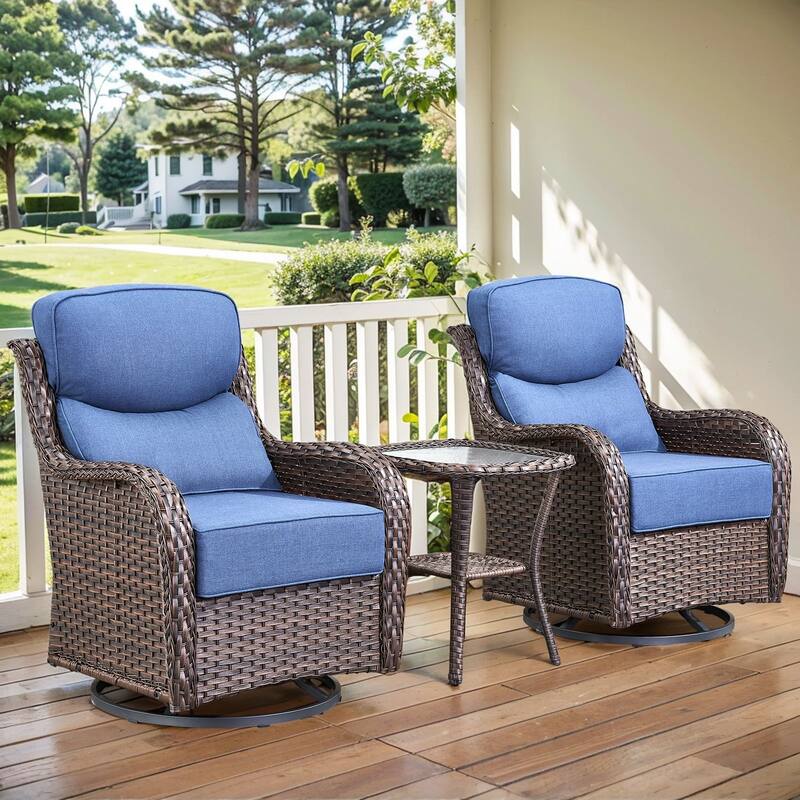 Arcadia 3-Piece Wicker Patio Swivel Glider Chairs with 6-Inch Thick Cushions and Side Table - Navy Blue Cushions - Brown Wicker