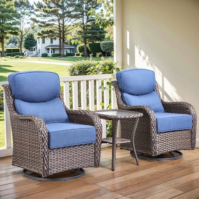 Arcadia 3-Piece Wicker Patio Swivel Glider Chairs with 6-Inch Thick Cushions and Side Table