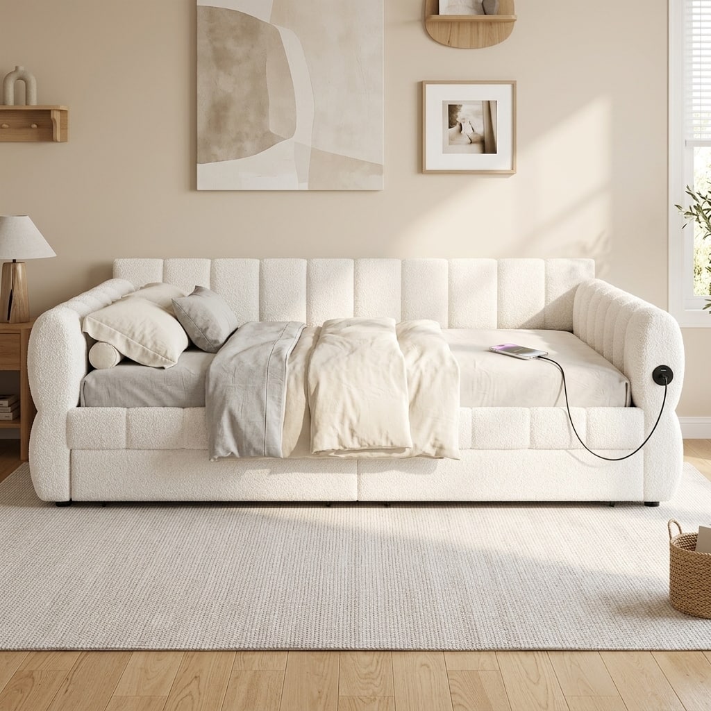 Upholstered Platform Bed with Built-In USB & 2 Front Storage Drawers by Harper&Bright Designs