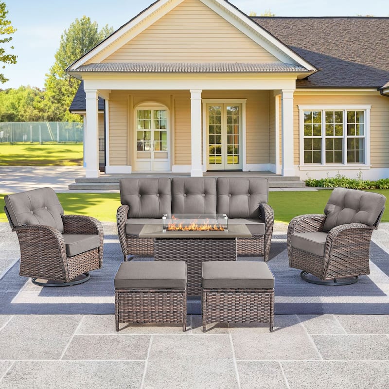 6 Pieces Outdoor Sofa Chair Ottoman with 41" Fire Table - Brown Wicker & Red Cushion
