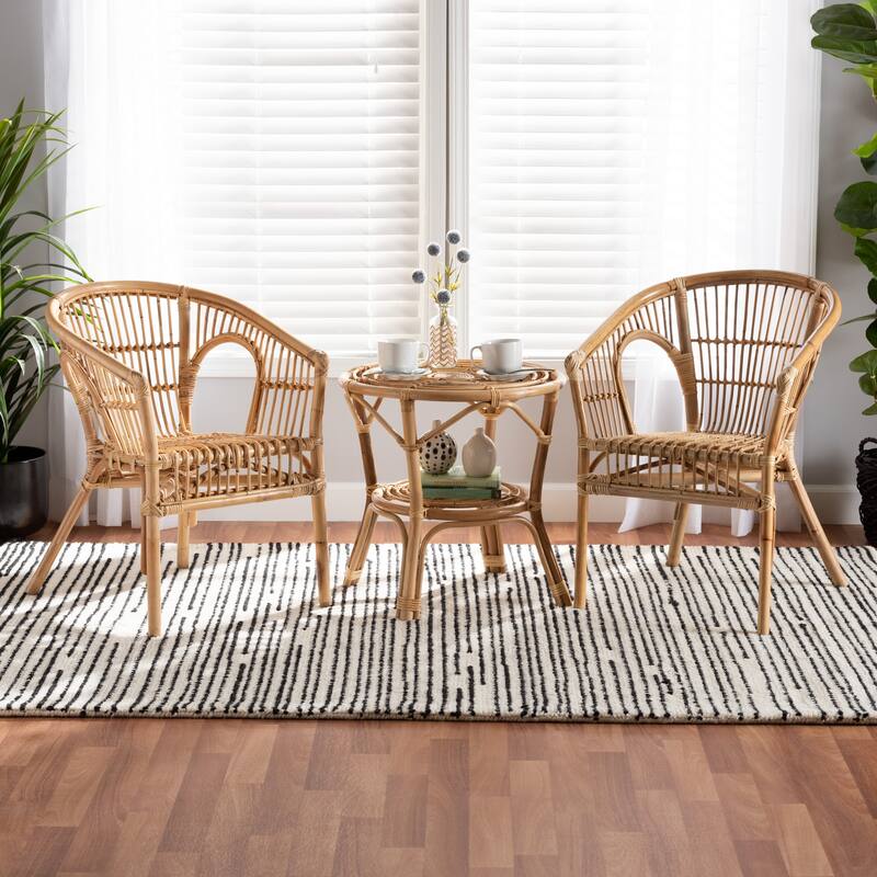 Alleta Modern Bohemian Natural Brown Rattan 3-Piece Living Room Set