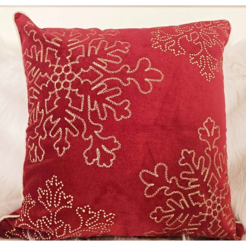 Velvet Holiday Throw Pillow 20x20 with Snowflake Embroidery and Insert