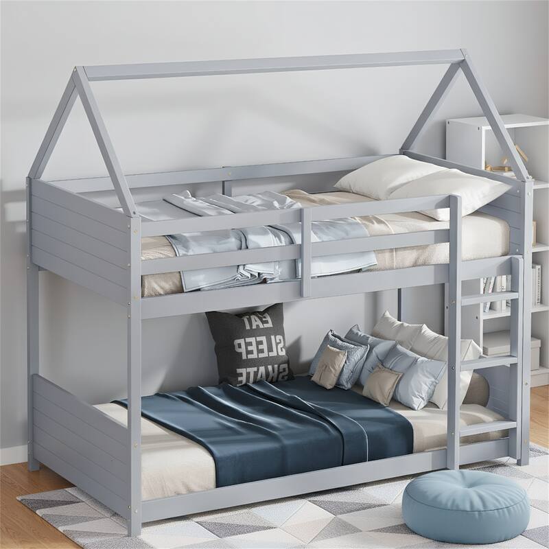 Twin Over Twin House Floor Bunk Bed - Grey