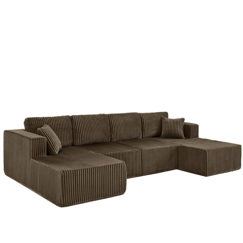 U-Shaped Modular Sectional Sofa with Dual Chaise Lounges, Oversized Corduroy Boneless Couch, Compressed Sofa with Pillows