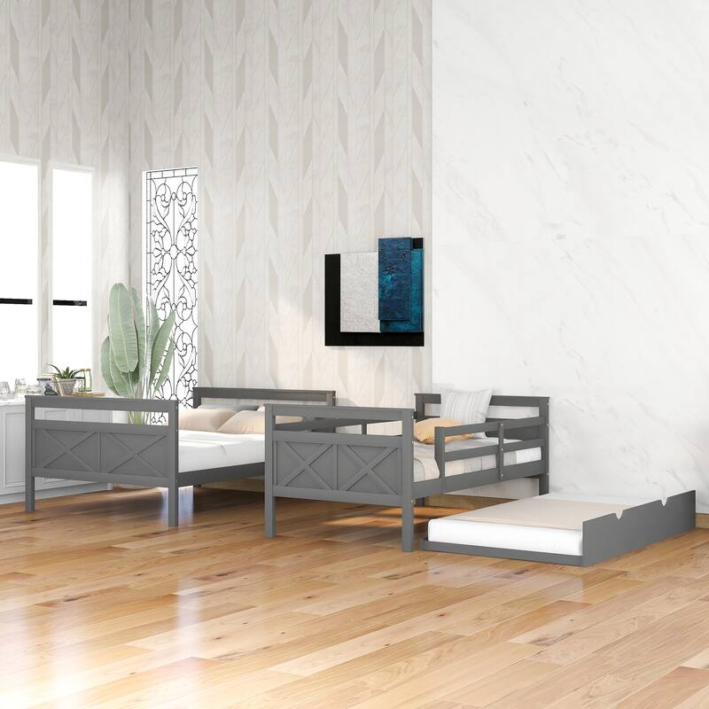 Modern Casual Style Gray Twin over Full Bunk Bed with Ladder Twin Size Trundle and Safety Guardrail Suitable for Bedroom