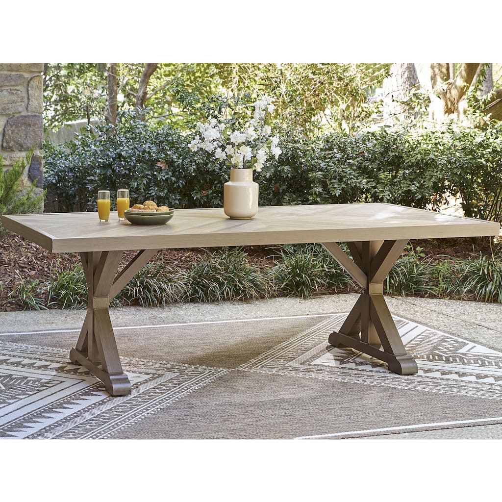 Signature Design by Ashley Carmel Bay Beige Outdoor Dining Table - 85"W x 43"D x 30"H