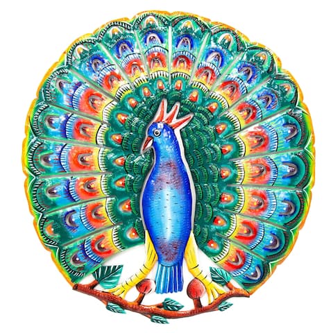 Vibrant Blue Peacock Haitian Metal Drum Wall Art