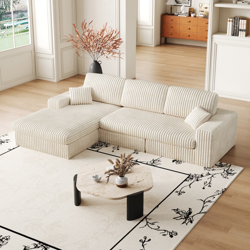 L-Shaped Sectional Sofa with Chaise Lounge, Corduroy Modular Foam Sofa, Upholstered Sofa with 2 Cushion & 2 Throw Pillows