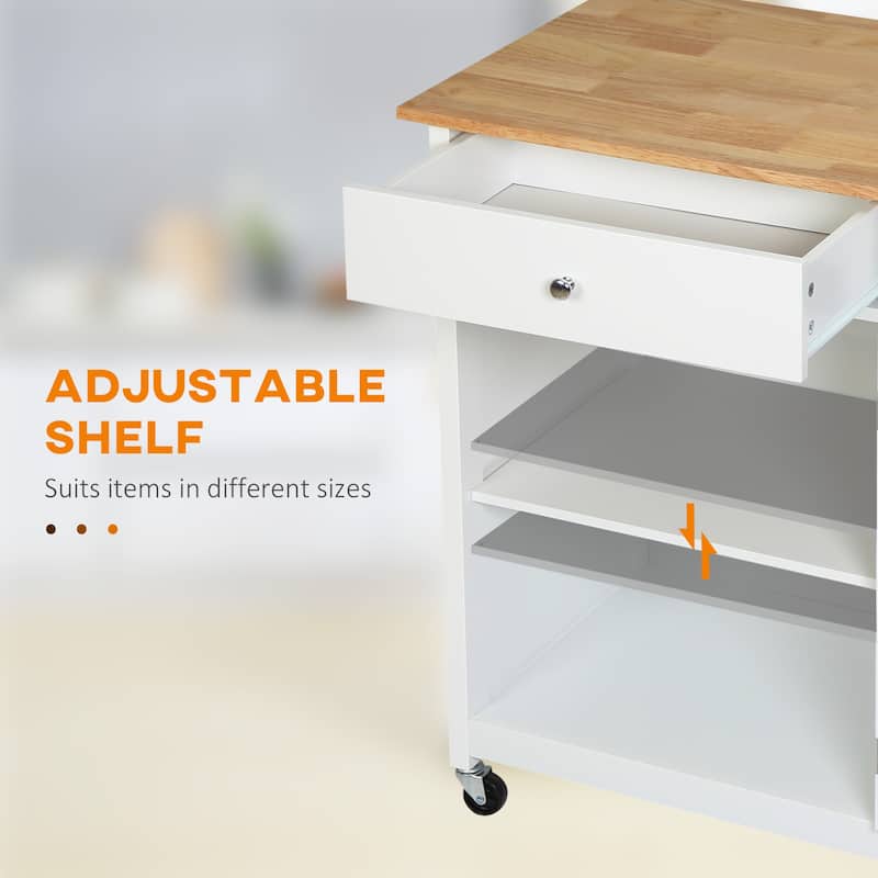 Rolling Cart with Drawer and Glass Door, Kitchen Island with Adjustable Shelf, Kitchen Cabinet with Towel Rack