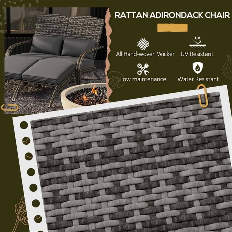 Mixed Rattan Adirondack Chair with Cushions, Footstools and Outdoor Use - 45.25" W x 32.25" D x 35.5" H