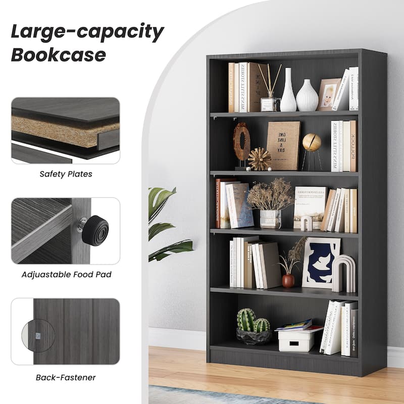5 Shelf Office Bookcase, 60 Inches Tall Modern Wood Bookshelf, 5 Tier Wide Bookshelves Library Bookcase