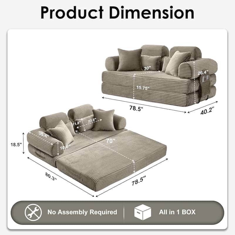 Convertible Sleeper Sofa Bed, 78.5" Corduroy Foldable Loveseat Sofa, King Size Floor Mattress Couch, No Assembly Required