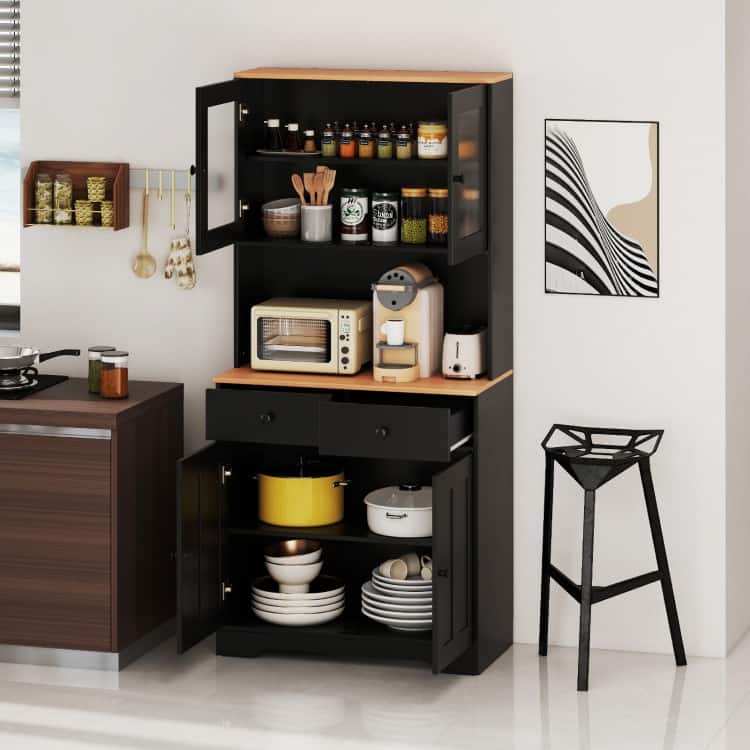 Pantry Cabinet with Glass Doors Adjustable Shelves and 2 Drawers for Kitchen Storage - 31.5" x 16.5" x 67"