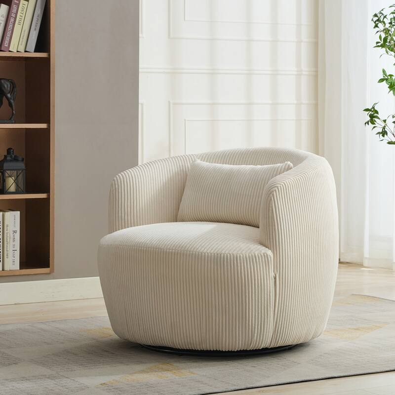 34.25 "Wide Upholstered Corduroy 360° Swivel Barrel Soft Accent Chair with Pillow, Circular Reading Armchair Lounge