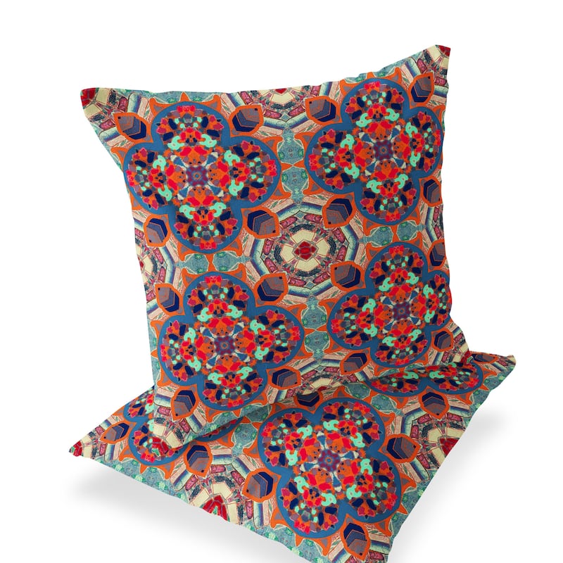 HomeRoots Set of Two 16" X 16" Blue and Orange Blown Seam Floral Indoor Outdoor Throw Pillow - 16.00' X '16.00' X '5.00