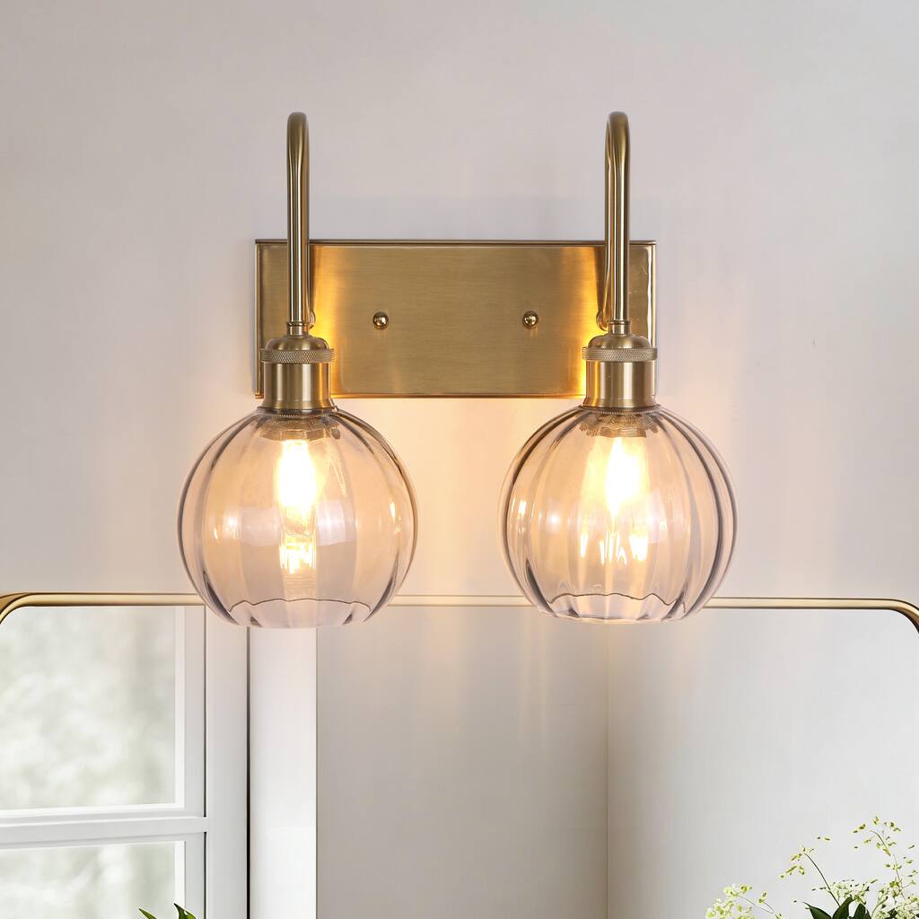 Vintage-Luxury Matte Black 2-Light Vanity Wall Sconce with Metal Frame and Pumpkin-Shaded Smoked Glass