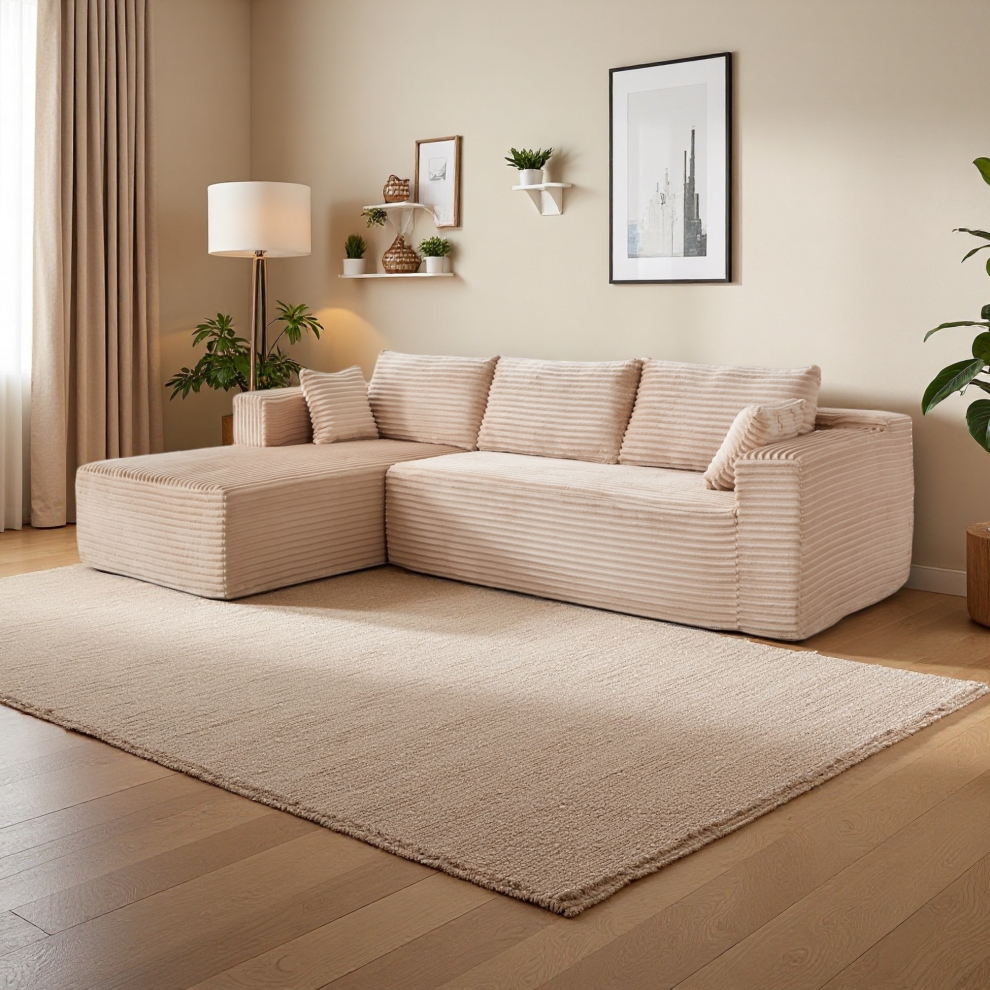 110" Corduroy L-Shaped Sectional Sofa with Chaise, No Assembly