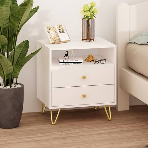 Modern White 2-drawer Nightstand with Hairpin Legs