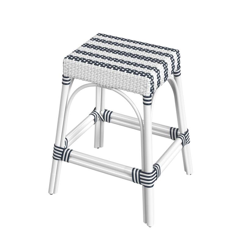Robias 24.5" Rattan Rectangular Counter Stool - White/Navy Stripe/ White Rattan Frame