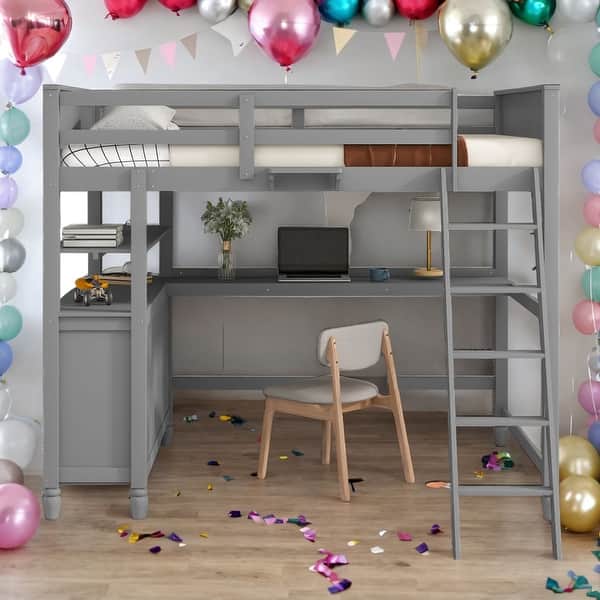 slide 2 of 18, Modern Full size Loft Bed With Drawers and Desk,Shelves,Solid Construction for Bedroom Grey