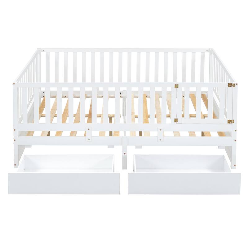 Pine Wood Daybed Floor Bed Frame with Fence Guardrails and 2 Drawers, Converts into Two Individual Beds, No Box Spring Needed