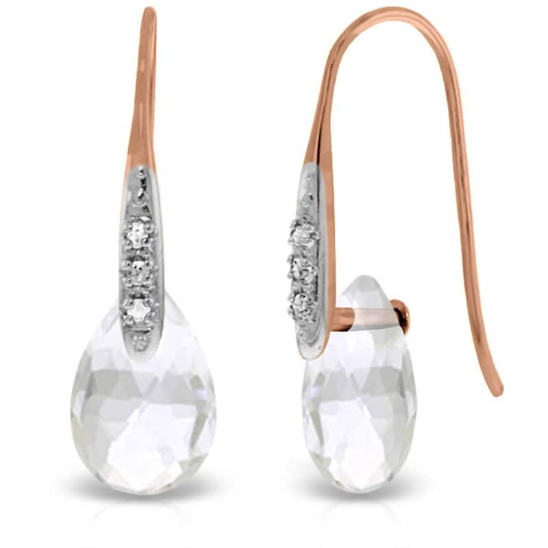 14K Solid Gold Earrings w/ Diamonds & Dangling Briolette White Topaz - Rose