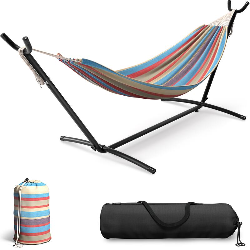 Brazilian Blue, Sand, Purple, Red Stripes Double Hammock with Stand - Blue/Sand/Purple/Red