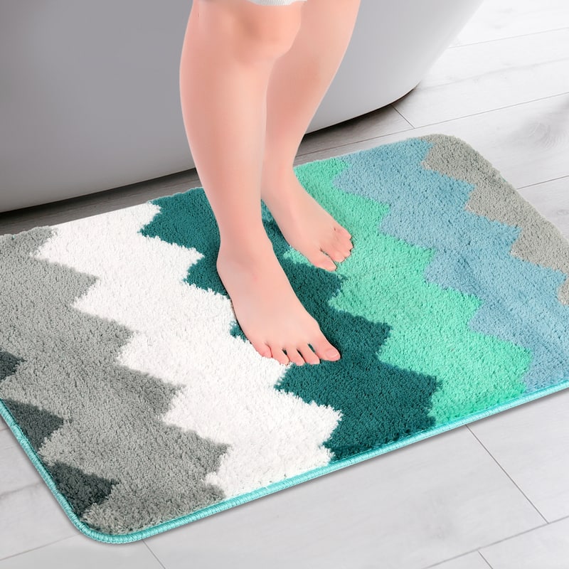 Waves Stripe Bathroom Carpet, Extra Soft and Absorbent Bath Mat, Non-Slip Rug for Bathroom, Tub, Shower - Green - 16" x 24"