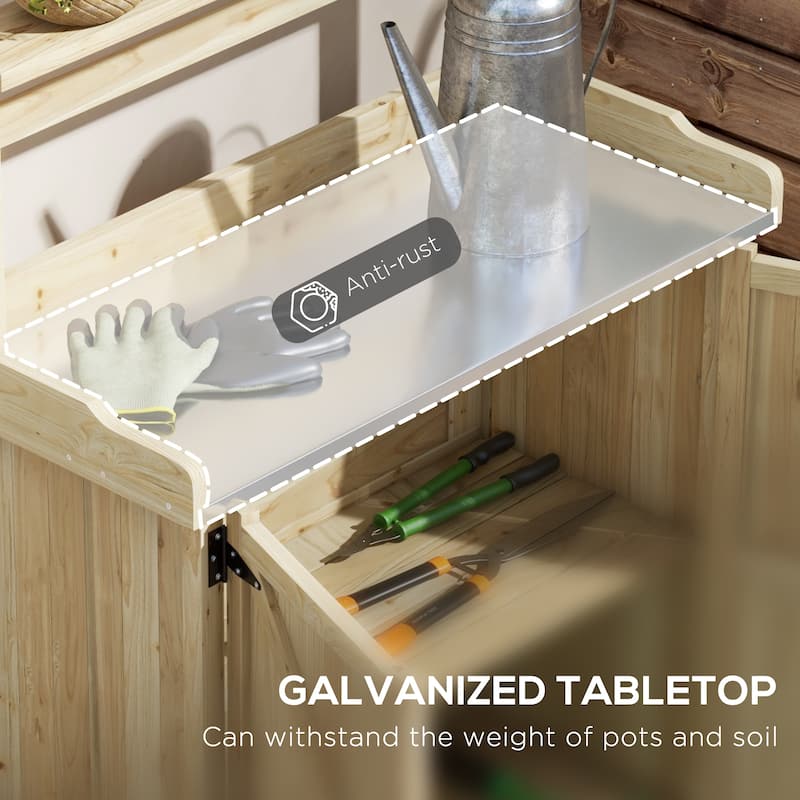 Outsunny Potting Bench, Outdoor Wooden Potting Table with Storage Cabinet, Storage Shelf, Garden Work Bench