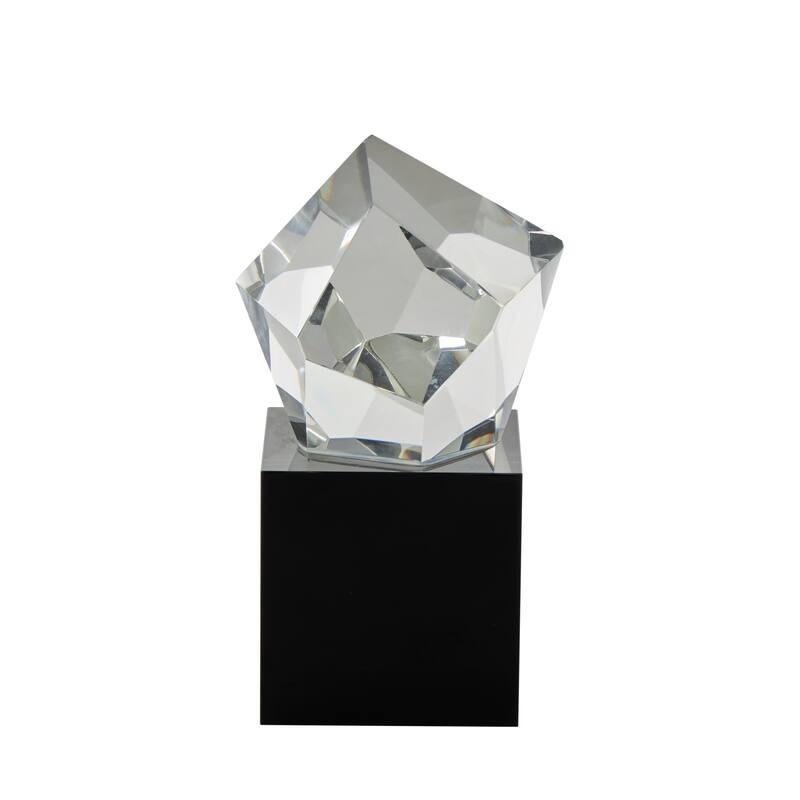Clear Glass Cut Stone Inspired Sculpture with Black Base