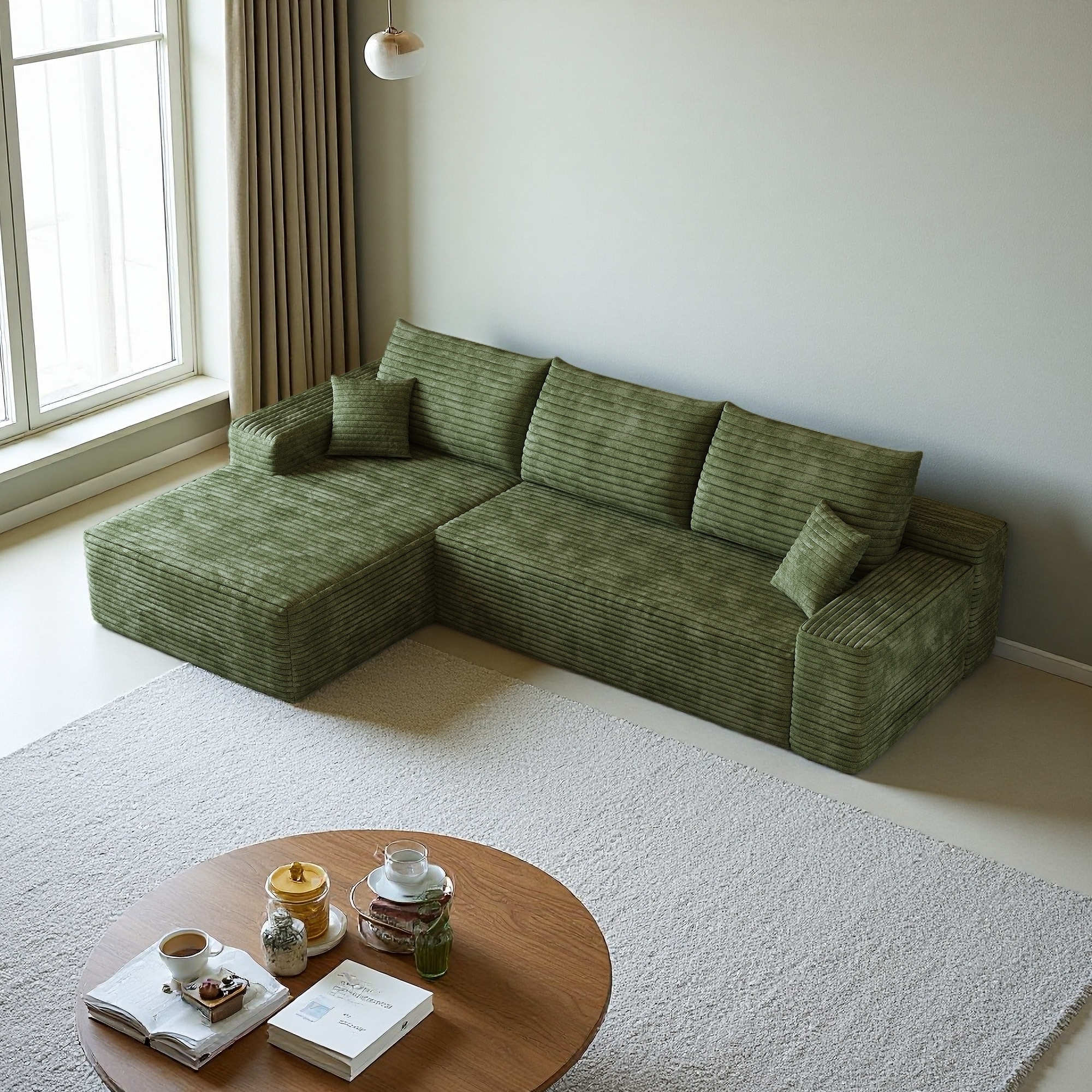 107'' Corduroy L-Shaped 3-Seat Sectional Sofa with Chaise Lounge and No Assembly Required