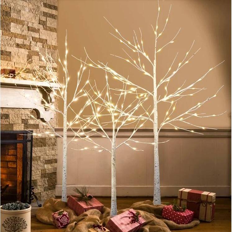 3 Piece Pre-lit Artificial Christmas Tree Set with Warm White Lights, Twinkle LED Birch Tree for Wedding, Festival, Party