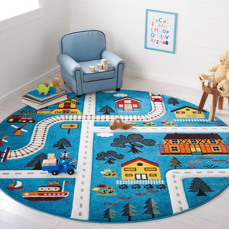 SAFAVIEH Carousel Kids Aliz Transitional Rug - 3' Round - Blue/Beige