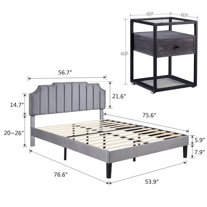 Bedroom Sets, 15 Style Options, 3-pieces Bedroom Set with Height Adjustable Upholstered Bed and Nightstands Set of 2-VECELO