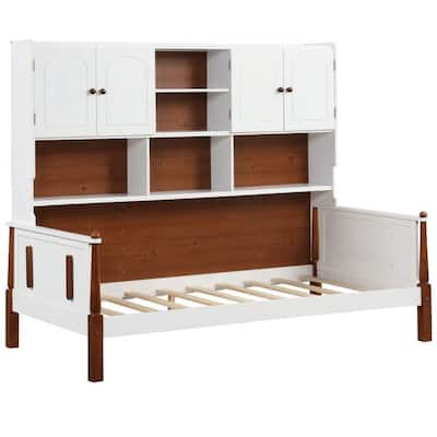 Wood Twin Size Bed Frame with Bookcase Storage Cabinets Shelves Vintage White Finish Solid Pine Slat Support