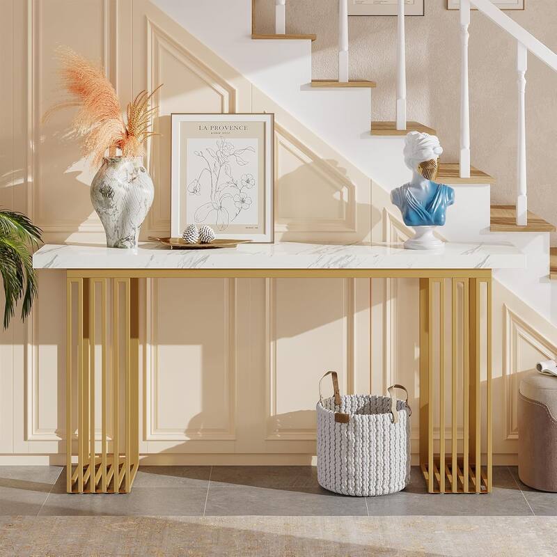 63" Console Table with Faux Marble Top & Metal Base, Modern Long Sofa Table for Entryway, Hallway, Living Room