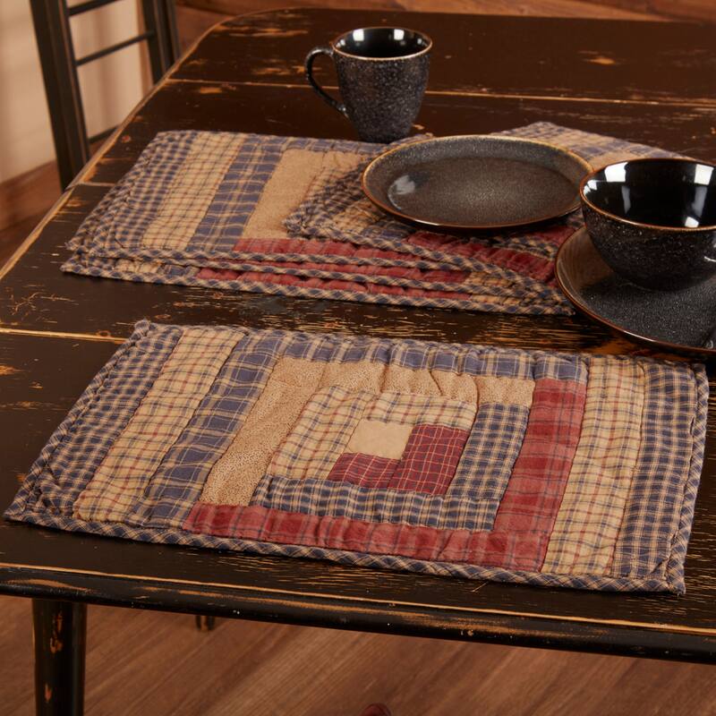 Millsboro Placemat Log Cabin Block Quilted Set of 6 12x18 - Placemat 12x18 - Placemat 12x18 - Set of 6 - Navy/Khaki/Burgundy