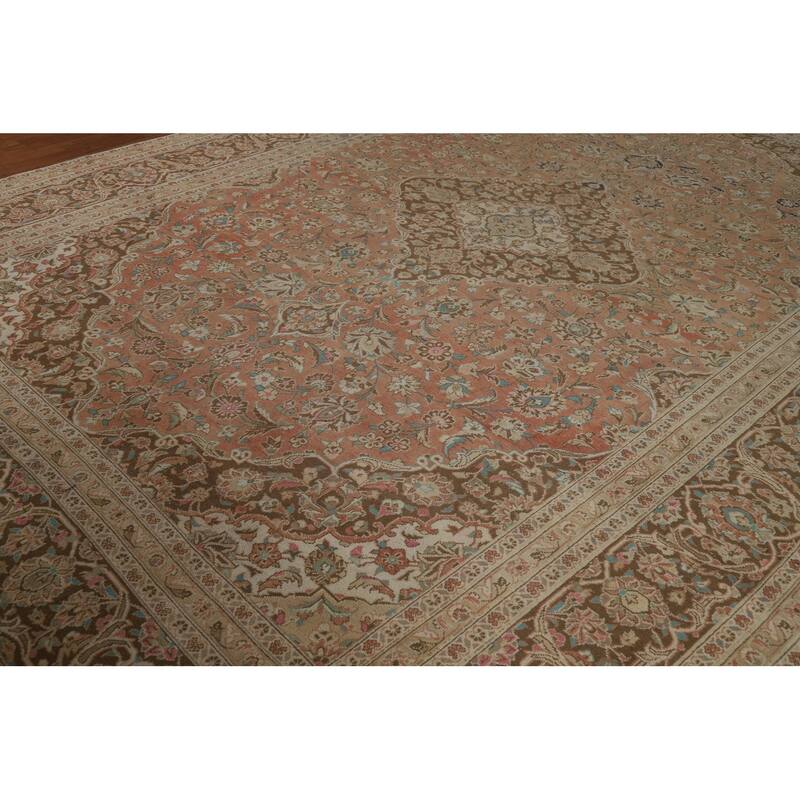 Traditional Mashad Persian Vintage Rug Handmade Orange Wool Carpet - 9'6" x 12'9"