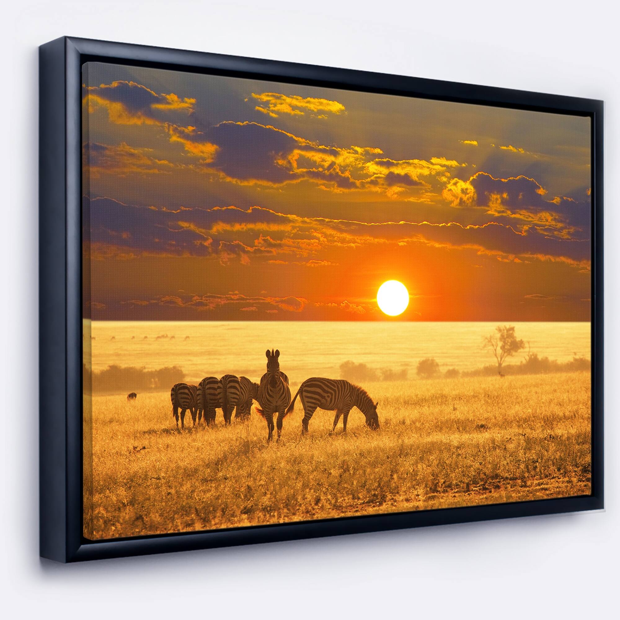 Designart "Group of Zebras Grazing At Sunset" Animal Framed Canvas Art
