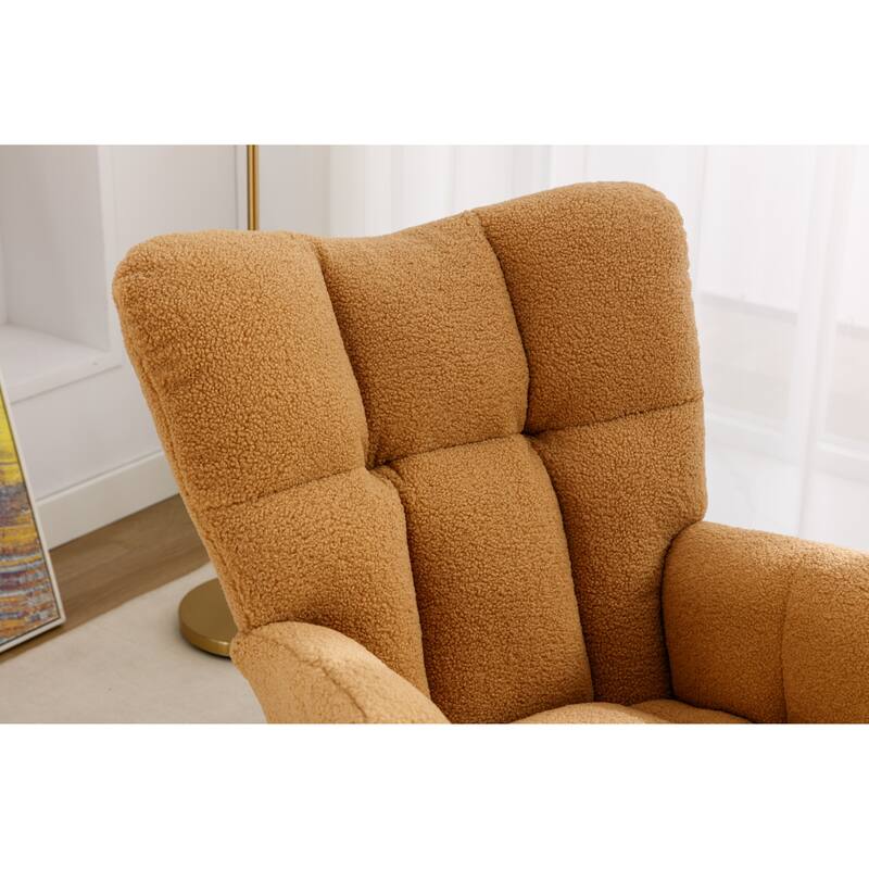 Teddy Fabric Upholstered Glider Rocker, Reading Chair with Thick Padded Seat, High Backrest Armchair with Wooden Legs
