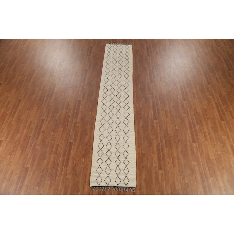 Ivory Trellis Moroccan Modern Runner Rug Handmade Wool Carpet - 2'5"x 12'7"