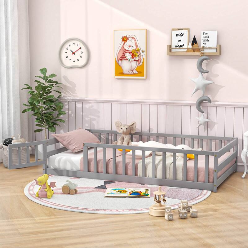 Costway Twin Size Floor Bed with Door & Fence with Safety Guardrails &