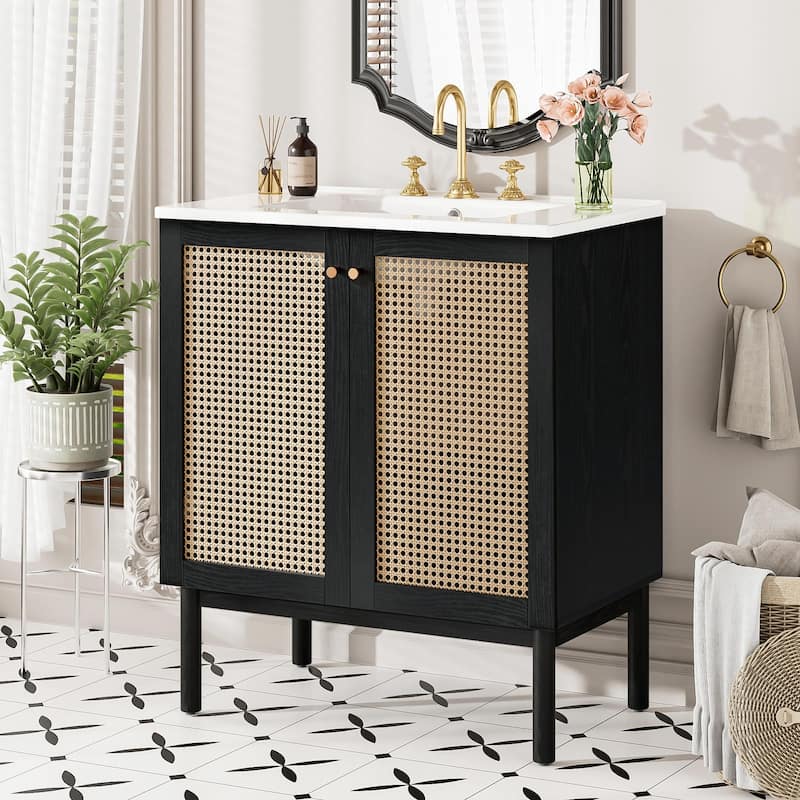 30" Bathroom Vanity with Handmade Rattan Doors - Natural Materials & Soft-Close Mechanisms