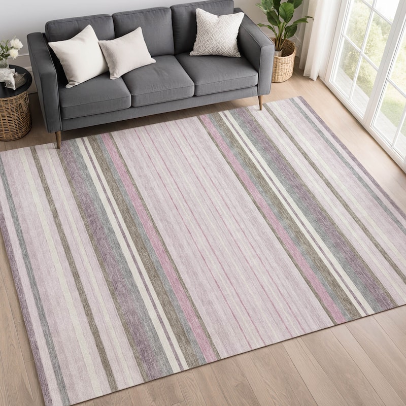 Machine Washable Indoor/ Outdoor Modern Stripes Chantille Rug
