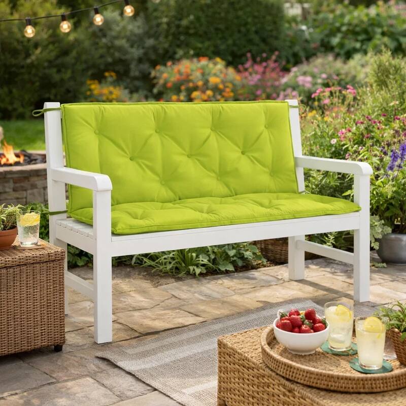 Claire Outdoor Cushion for Bench, Button Tufted Green Fabric, 47 Inch